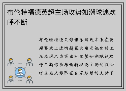 布伦特福德英超主场攻势如潮球迷欢呼不断