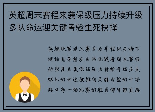 英超周末赛程来袭保级压力持续升级多队命运迎关键考验生死抉择